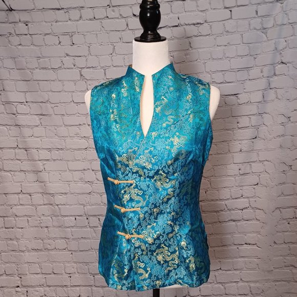 Dragon Brocade Turquoise & Gold Vietnamese Blouse Medium - Picture 2 of 10